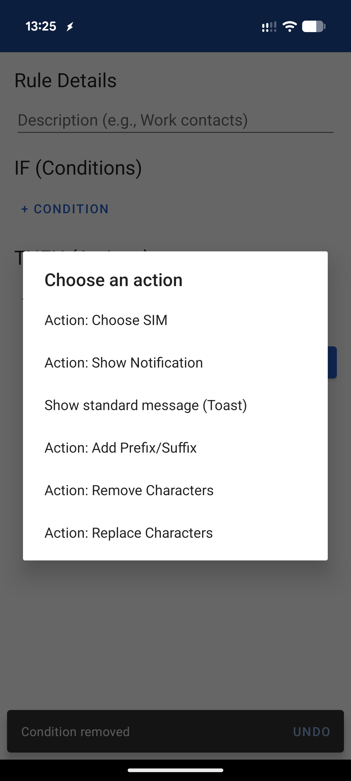 Choose an action modal