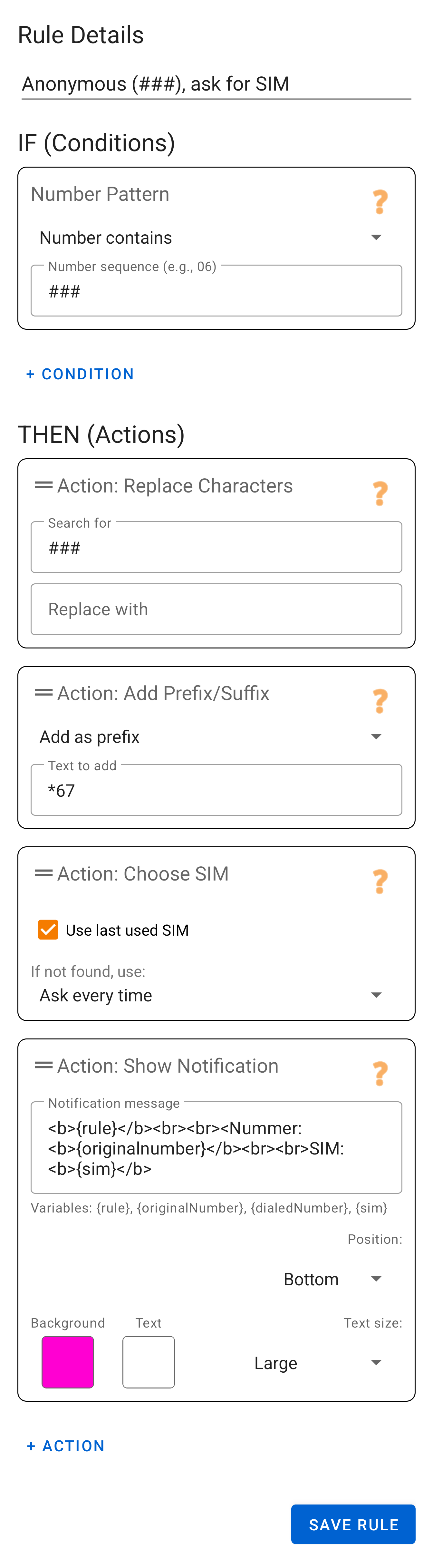 Example rule: Anonymous calling, ask for SIM