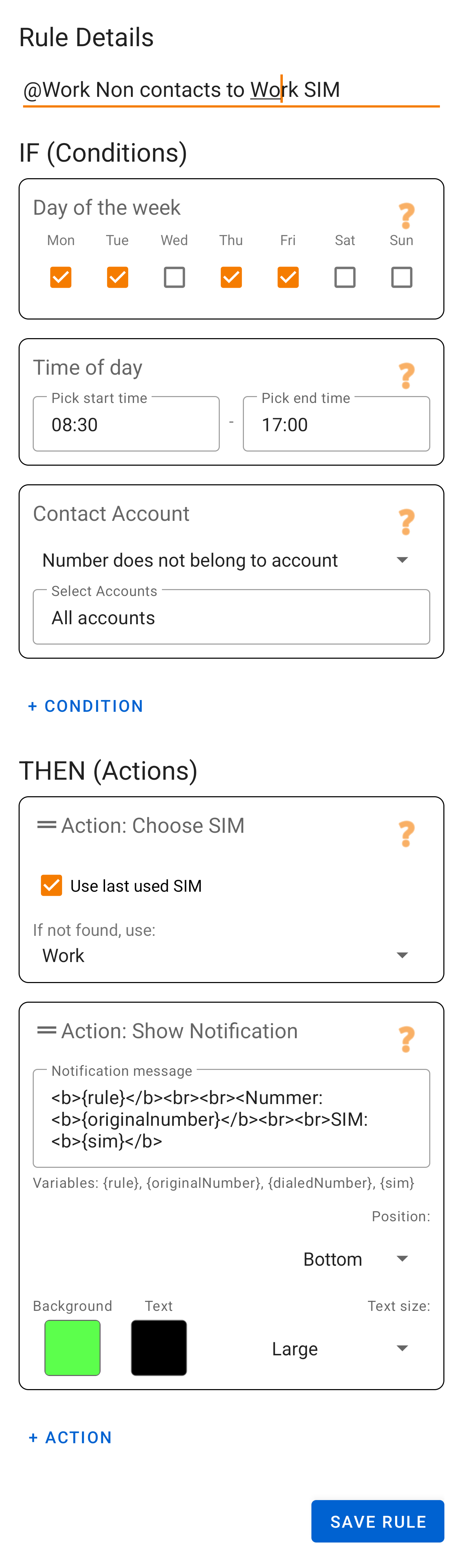Example rule: At work, non-contacts to work SIM