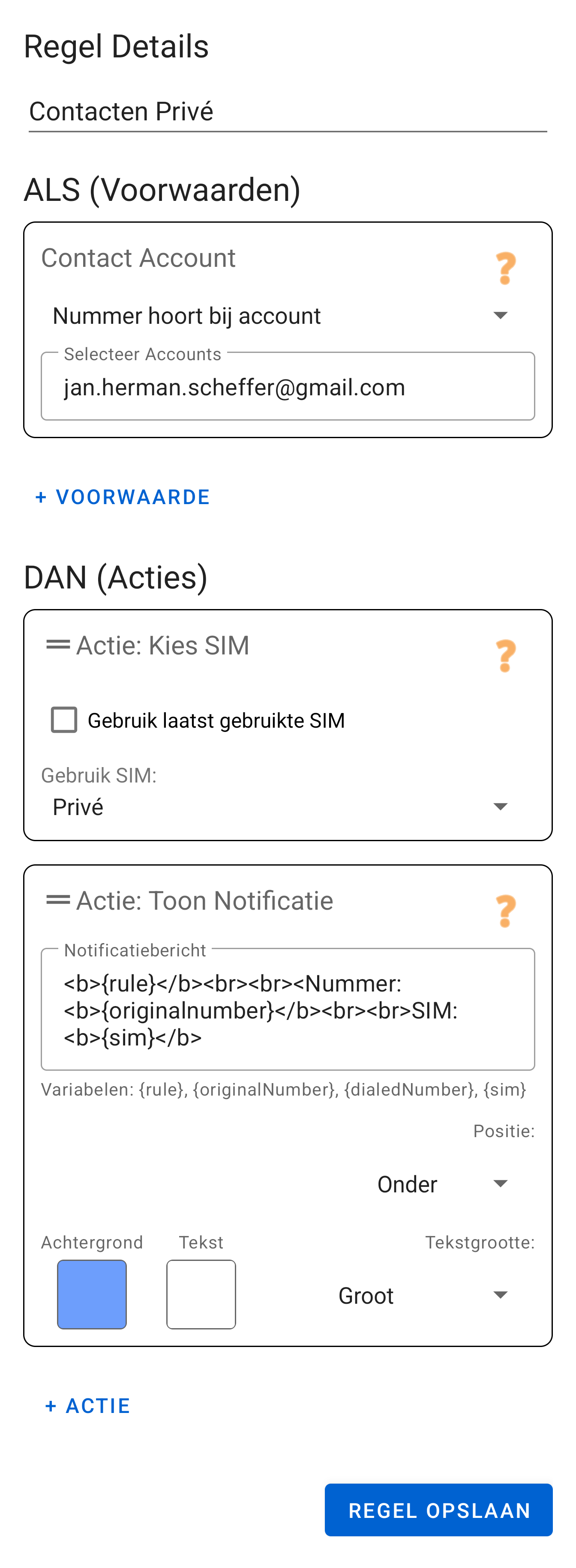 Voorbeeldregel: Contacten Privé