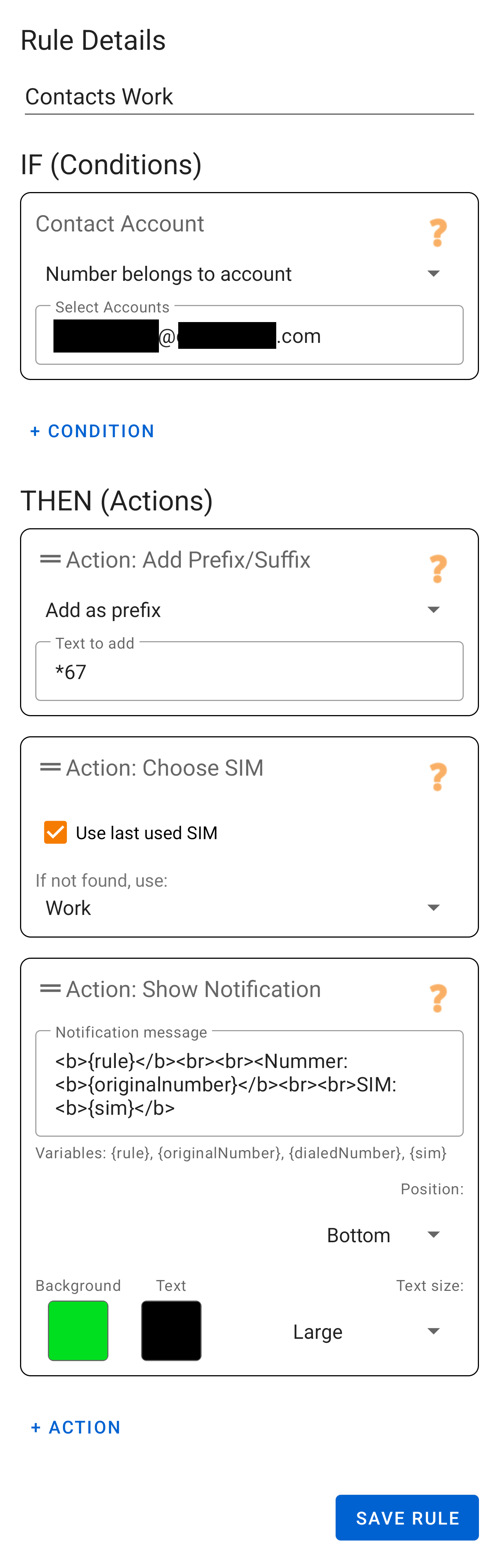 Example rule: Work Contacts